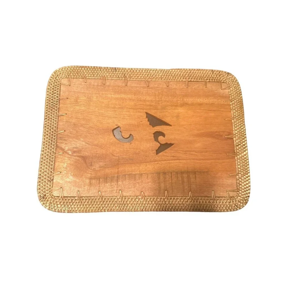 Vintage Balinese Placemats Set 4 Teak Wooden Flower Design/Koi Tail‎